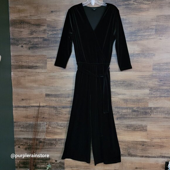 Halogen Velvet Wide Leg Crop Jumpsuit S Belted Stretch Dark Coquette Minimalist - Picture 1 of 12